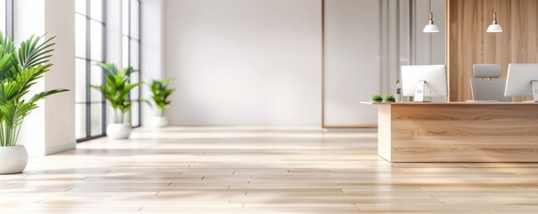 A bright, modern office space featuring large windows, wooden flooring, and indoor plants, creating a clean and inviting atmosphere.