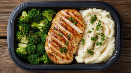 Keto-friendly takeaway meal boxes with grilled chicken and vegetables on a wooden table
