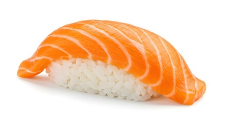A single piece of fresh salmon nigiri sushi, ready to be enjoyed, isolated on a white surface.