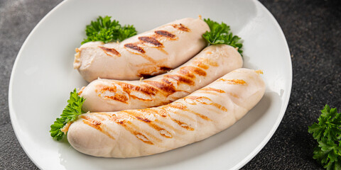 White sausage grill Bockwurst pork meat Bratwurst natural food vegetables dish organic product fresh tasty gourmet food background on the table rustic food top view copy space