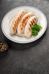 White sausage grill Bockwurst pork meat Bratwurst natural food vegetables dish organic product fresh tasty gourmet food background on the table rustic food top view copy space
