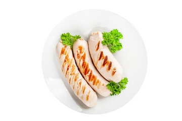 White sausage grill Bockwurst pork meat Bratwurst natural food vegetables dish organic product fresh tasty gourmet food background on the table rustic food top view copy space