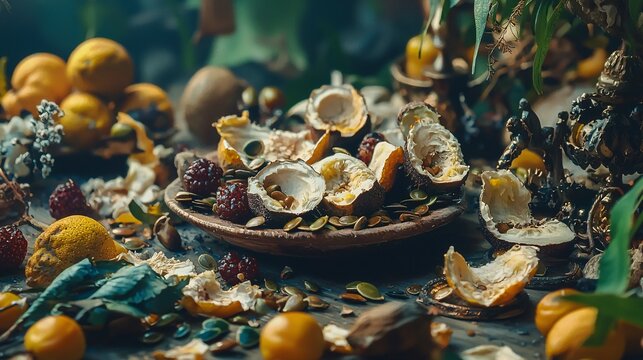 filled with half-eaten fruits, seeds, and peels left after a ceremonial meal, bathed in soft morning light with symbolic emptiness leftover offering, fruit remains, sacrificial meal, half eaten, 