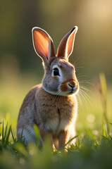Cute Brown Rabbit Sits In Sunlit Grass