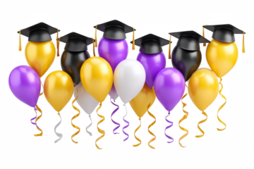 3D Cartoon Illustration of a Joyous Graduation Celebration Scene with Colorful Banners Balloons and Ribbons, Isolated on Transparent Background