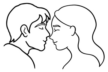 Silhouette of lovers, a black vector illustration shows a woman and man in profile, their heads close in a kiss, forming a heart, a beautiful design icon for romance