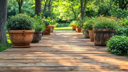 Fototapeta premium Garden path lined with potted plants, sunny