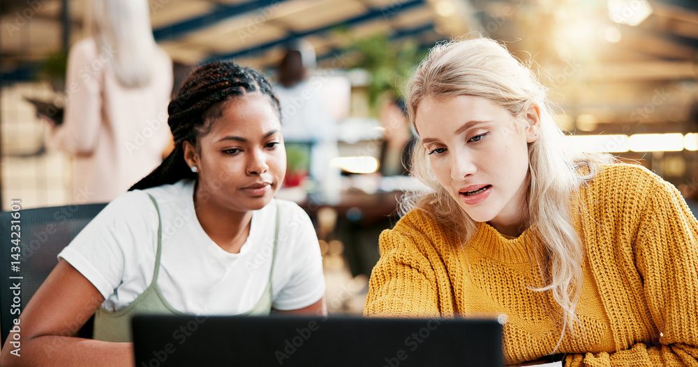 Aufkleber education, students and team with laptop, studying and discussion for assignment in classroom or onl