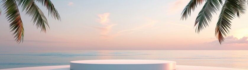 Fototapeta premium A serene beach view featuring palm trees and a tranquil ocean at sunset, creating a peaceful and idyllic atmosphere.