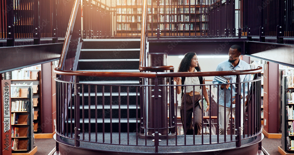 Poster university, students and library stairs with study for information, learning or knowledge for academ