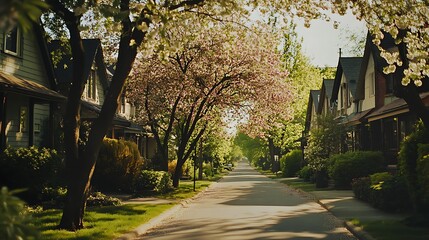 Obraz premium Spring sunlight illuminates a charming residential street lined with blossoming trees.