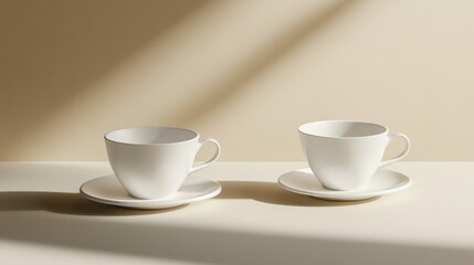 Fototapeta premium Two white coffee cups elegantly presented on a clean surface. generative ai