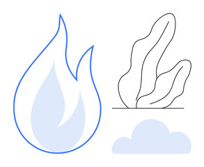Minimalist fire flame, abstract plant, and soft cloud emphasize natural elements and harmony. Ideal for sustainability, environment, balance, ecology, logos, climate change simple landing page