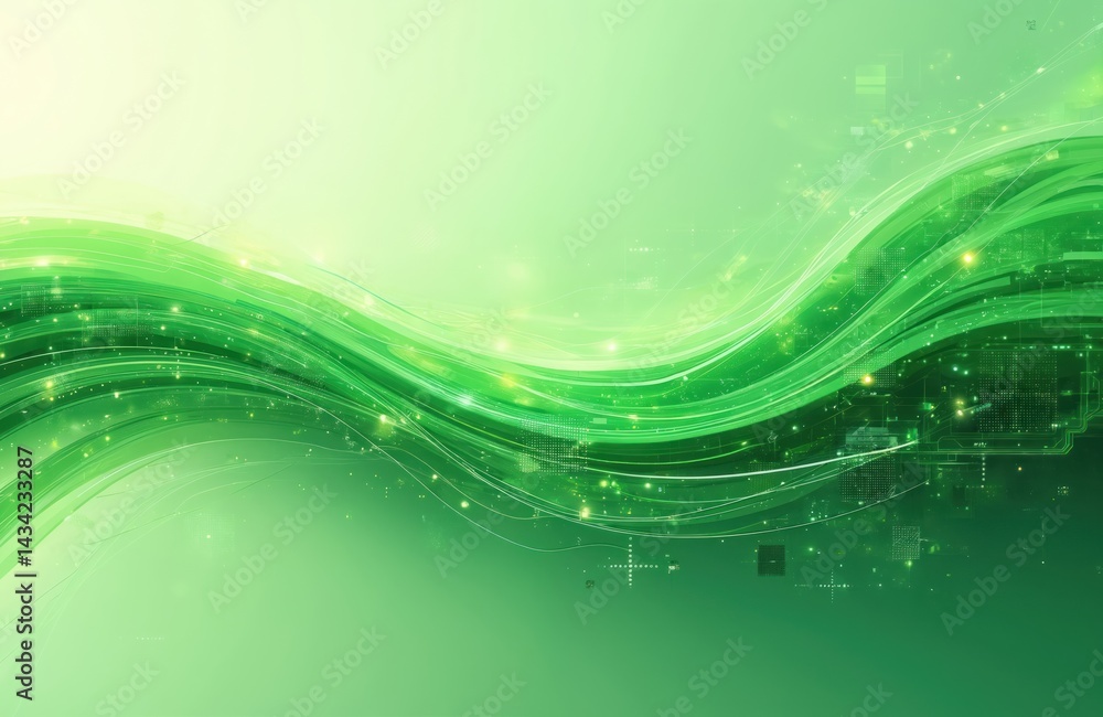 Poster abstract green tech background design with flowing lines, light effects, digital elements. represent