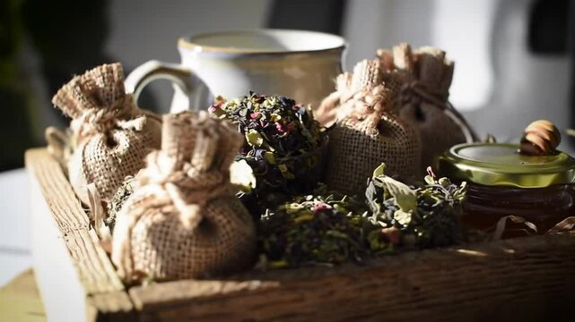 A Cozy Arrangement of Herbal Teas and Natural Ingredients: An Aesthetic Display Featuring Tea Bags, Honey, and Floral Elements in a Rustic Wooden Basket
