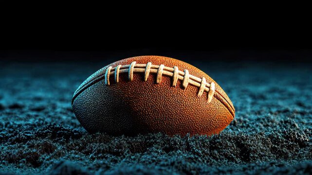 A close-up of an American football resting on a field with a dark background and cool lighting effects.