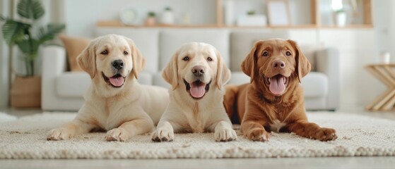 Three friendly dogs sit on a rug in a cozy living room, showcasing their playful expressions and warm companionship.