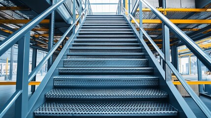 Industrial staircase in a warehouse made with high-strength galvanized steel grates and expanded metal railings