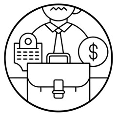 A business illustration of a businessman with a briefcase icon, a symbol of office technology