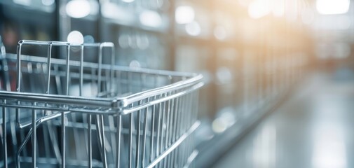 A close-up of a shopping cart in a store aisle, with soft lighting creating a warm atmosphere.