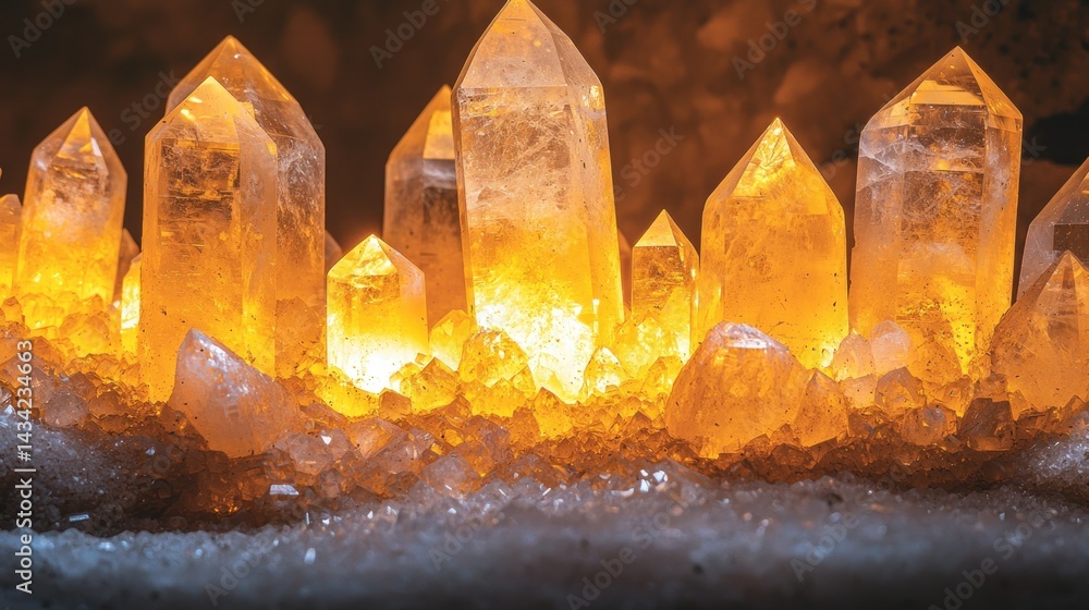 Poster glowing crystal clusters create abstract, textured forms