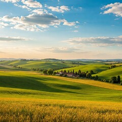 Obraz premium Rolling Hills and Sunlit Fields: An expansive vista unfolds, where undulating hills meet vibrant, sun-drenched fields. The sky is an endless expanse of azure, dotted with fluffy clouds.