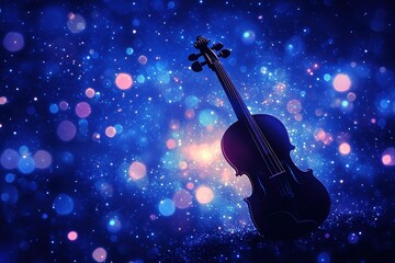Fototapeta premium Violin silhouette, starry night sky, glowing particles, dreamy atmosphere, polish text overlay, magical 