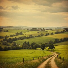 Rolling Hills Serenity: A picturesque landscape of rolling green hills and fields, with a winding dirt road leading the eye toward a tranquil horizon. It exudes peace and natural beauty.