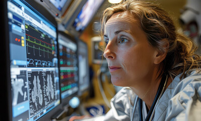 Focused female scientist, doctor analyzes medical data on multiple monitors in hospital control room, symbolizing precision, professionalism and modern healthcare technology.