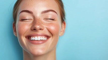 Cheerful woman smiling brightly, young adult with clear skin, casual vibe against a light blue background, focus on happiness.