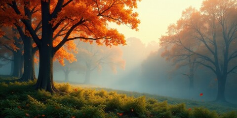 Autumnal Enchantment A Misty Grove of Golden Leaves and Verdant Ferns Under the Soft Glow of Dawn