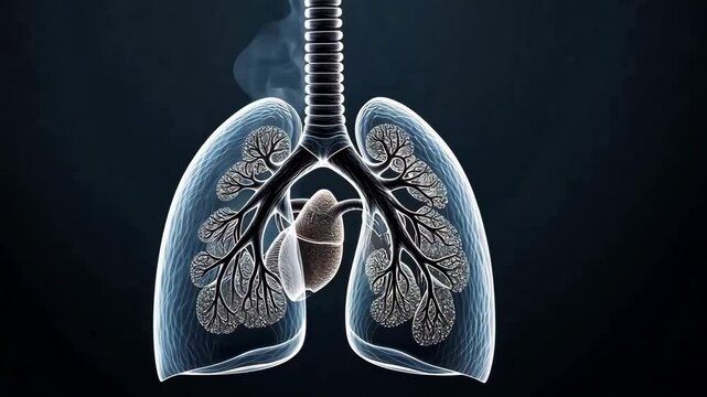 Invisible Threat, The Impact of PM 2.5 on Health and Environment Theme, Lungs Anatomy Illustration Detailed Structure of Airways in Respiratory System with Smoke Effects