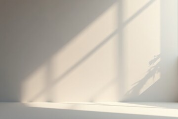 A serene minimalist interior scene featuring a sunlit wall with delicate leaf shadows on a neutral backdrop, perfect for showcasing products or design elements