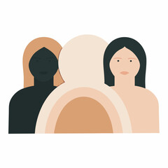 Modern flat-style illustration of diverse women with different hair colors and skin tones. Symbolic artwork for inclusion, beauty diversity, and empowerment campaigns.