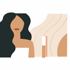 Modern abstract portrait of a woman with long dark hair and lipstick, set against wavy neutral backgrounds. Aesthetic illustration perfect for beauty and skincare branding.