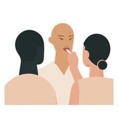 Abstract group illustration showing a person applying lipstick to another in a beauty session. Stylized and elegant flat design perfect for makeup or skincare content.
