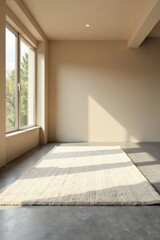 Obraz premium Sunlit Minimalist Room Interior Design Featuring a Textured Cream Rug on a Polished Concrete Floor