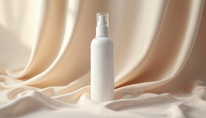 White sleek product bottle on silk fabric. Minimalist design, elegant presentation. Cosmetic, skincare mockup, blank container. Luxury beauty care, spa, treatment, health concept. Clean background.