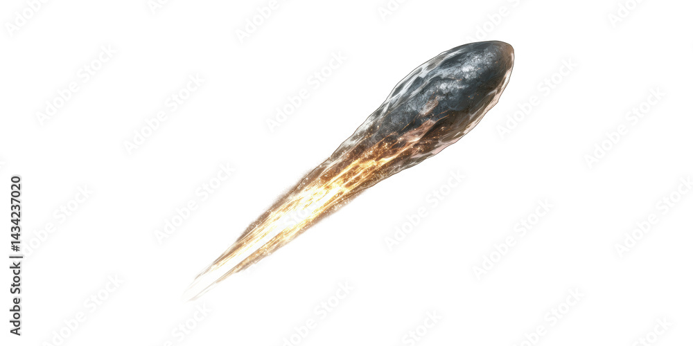 Poster meteorite with fiery trail. celestial phenomenon and space exploration concept isolated on transpare