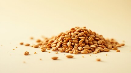 A Golden Abundance Close-Up View of a Pile of Small, Light Brown Grains on a Pale Yellow Surface