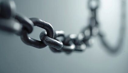 Close-up photo of metal chain links. Steel texture, abstract industrial background. Shiny chrome, stainless steel link connection. Symbol of power, security, and strength.