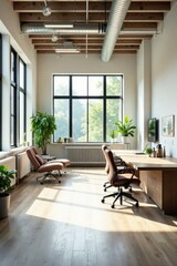 Sunlit Modern Office Workspace with Hardwood Floors and Large Windows