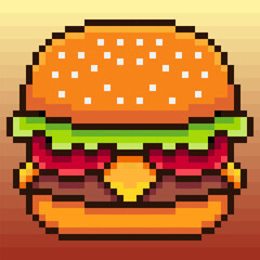 Pixel art burger illustration. Designed in a classic 8-bit style, features a sesame seed bun, lettuce, tomato, melted cheese, and patty against a warm background.