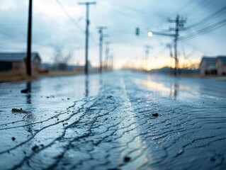 A serene, wet road reflects the cloudy sky, with power lines and distant homes creating a tranquil, atmospheric scene.