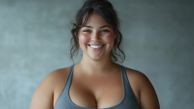 Curvy model smiling montage, from serious to joyful