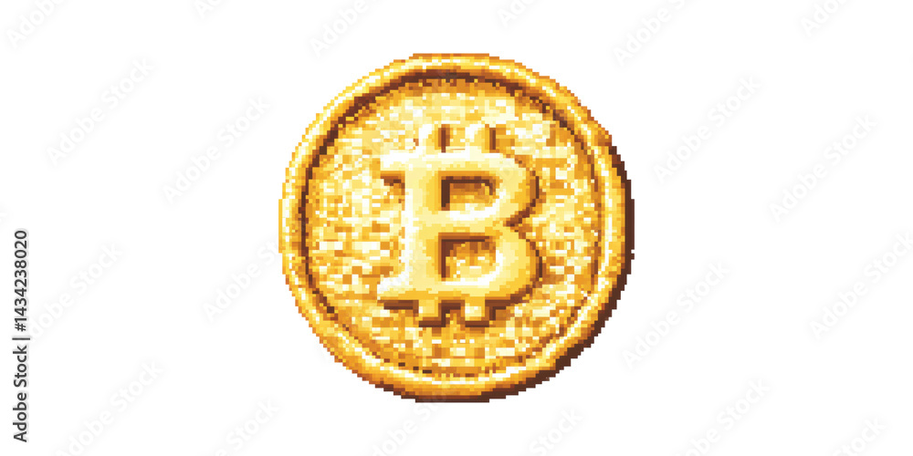 Poster golden bitcoin coin in pixel art style. digital currency and cryptocurrency concept isolated on tran