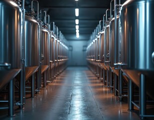 Shiny stainless steel tanks in brewery or wine cellar. Industrial production of fine alcoholic beverages, quality control during manufacturing process. Clean storage, modern facility, maturation.