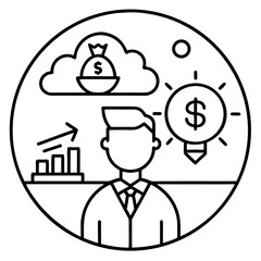 A funny cartoon businessman character in a suit and hat holds a suitcase, a vector illustration concept symbolizing job success