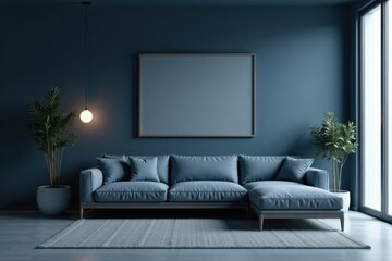 Serene Blue Living Room Interior Design with Sectional Sofa and Empty Frame