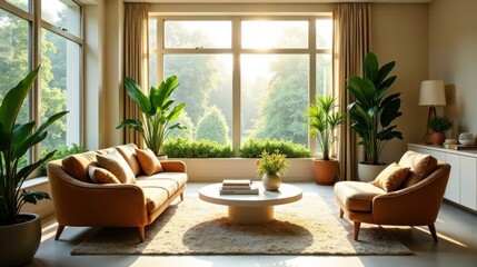 Sunlit Living Room with Comfortable Upholstered Furniture and Lush Greenery